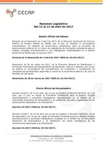 Resumen Legislativo Del 13 al 21 de abril de 2017 Boletín Oficial del Estado Extracto de la Resolución de 3 abril de 2017, de la Dirección Provincial del Servicio Público de Empleo Estatal de Melilla, por la que se m