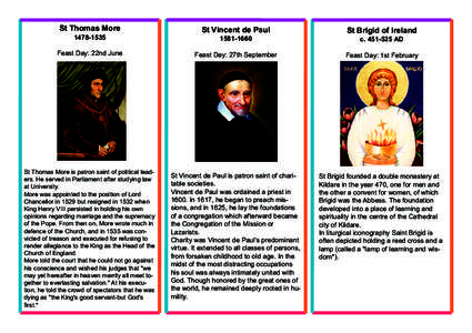 Christian mystics / Renewers of the church / Poor Clares / Brigit of Kildare / Clare of Assisi / Francis of Assisi / Assisi / Third Order of Saint Francis / Vincent de Paul / Christianity / Anglican saints / Franciscan spirituality