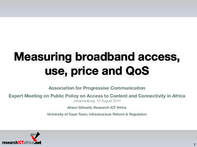 Measuring broadband access, use, price and QoS Association for Progressive Communication Expert Meeting on Public Policy on Access to Content and Connectivity in Africa Johannesburg, 12 August 2014 Alison Gillwald, Resea