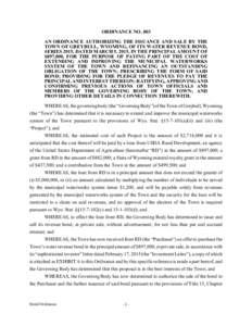 ORDINANCE NO. 803 AN ORDINANCE AUTHORIZING THE ISSUANCE AND SALE BY THE TOWN OF GREYBULL, WYOMING, OF ITS WATER REVENUE BOND, SERIES 2015, DATED MARCH 5, 2015, IN THE PRINCIPAL AMOUNT OF $897,000, FOR THE PURPOSE OF PAYI
