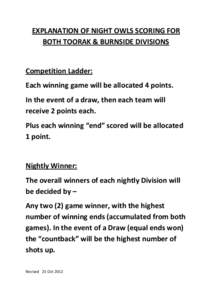 EXPLANATION OF NIGHT OWLS SCORING FOR BOTH TOORAK & BURNSIDE DIVISIONS Competition Ladder: Each winning game will be allocated 4 points. In the event of a draw, then each team will
