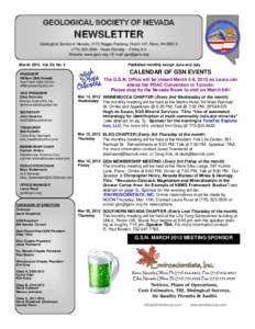 GEOLOGICAL SOCIETY OF NEVADA  NEWSLETTER Geological Society of Nevada, 2175 Raggio Parkway, Room 107, Reno, NVHours Monday -- Friday 8-4 Website: www.gsnv.org  E-mail: 