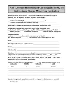 Afro-American Historical and Genealogical Society, Inc. Metro Atlanta Chapter Membership Application Membership in the National Afro-American Historical and Genealogical Society, Inc. is required in order to join a local