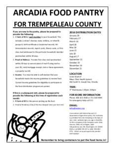 ARCADIA FOOD PANTRY FOR TREMPEALEAU COUNTY If you are new to the pantry, please be prepared to provide the following: 1. A form of ID for each member in your household: This includes a driver’s license; state, military