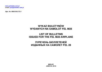 Wykaz Biuletynów Serwisowych wydanych na Samolot PZL M28
