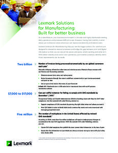 Lexmark Solutions for Manufacturing: Built for better business As a manufacturer, your business environment is intricate and highly distributed—making daily operations and processes difficult to see. However, having th