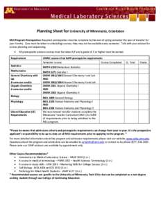 Planning Sheet for University of Minnesota, Crookston MLS Program Prerequisites: Required prerequisites must be complete by the end of spring semester the year of transfer for year 3 entry. Care must be taken in scheduli