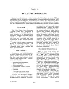 Chapter 16  SPACE EVENT PROCESSING Space systems have become a critical component of US military operations. Military commanders rely on navigation, communications, environmental surveillance and warning information rece