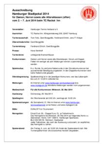 Ausschreibung Hamburger Stadtpokal 2014 für Damen, Herren sowie alle Altersklassen (offen) vom 2. – 7. Juni 2014 beim TC Racket Inn  Veranstalter: