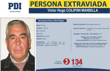 Víctor Hugo COLIPÁN MANSILLA  Edad: 52 años. Estatura: 1.60 mts. Tez: Trigueña. Iris: Café.