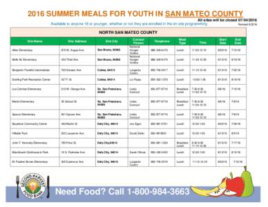 2016 SUMMER MEALS FOR YOUTH IN SAN MATEO COUNTY All sites will be closedAvailable to anyone 18 or younger, whether or not they are enrolled in the on-site programming RevisedNORTH SAN MATEO COUNTY