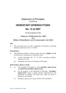Statement of Principles concerning HEREDITARY SPHEROCYTOSIS No. 13 of 2007 for the purposes of the