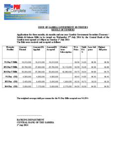 ISSUE OF GAMBIA GOVERNMENT SECURITIES RESULT OF TENDERS Applications for three months, six months and one year Gambia Government Securities (Treasury / Sukuk-Al-Salaam Bills) to be issued on Wednesday 2nd July 2014 by th