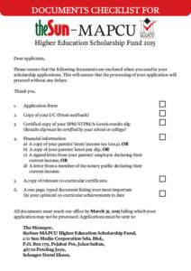 DOCUMENTS CHECKLIST FOR  Higher Education Scholarship Fund 2015 Dear applicants,  PERSONAL PARTICULARS