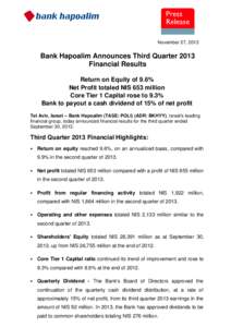 November 27, 2013  Bank Hapoalim Announces Third Quarter 2013 Financial Results Return on Equity of 9.6% Net Profit totaled NIS 653 million