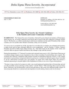 Delta Sigma Theta Sorority, Incorporated A Service Sorority Founded inNew Hampshire Avenue N.W. ▲ Washington, DC 20009 ▲ ( ▲ TelefaxFOR IMMEDIATE RELEASE June 17, 2016