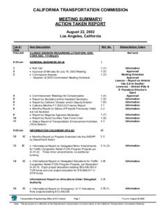 CALIFORNIA TRANSPORTATION COMMISSION MEETING SUMMARY/ ACTION TAKEN REPORT August 22, 2002 Los Angeles, California Tab # /