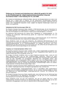 Erklärung von Vorstand und Aufsichtsrat der Leifheit AG gemäß § 161 AktG zu den Empfehlungen der „Regierungskommission Deutscher Corporate Governance Kodex“ in der Fassung vom 18. Juni 2009 Wir, Vorstand und Aufs