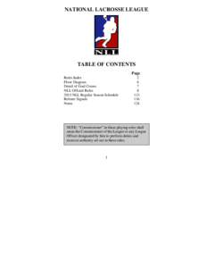 NATIONAL LACROSSE LEAGUE  TABLE OF CONTENTS Page Rules Index Floor Diagram
