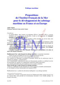 Politique maritime  Propositions de l’Institut Français de la Mer pour le développement du cabotage maritime en France et en Europe