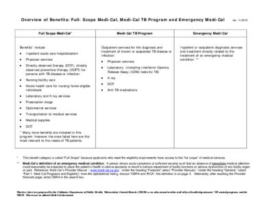 Overview of Benefits: Full- Scope Medi-Cal, Medi-Cal TB Program and Emergency Medi-Cal Medi-Cal TB Program Full Scope Medi-Cal*  Benefits+ include: