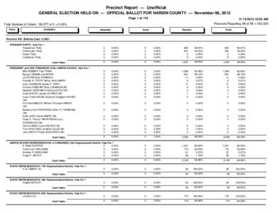 Precinct Report — Unofficial GENERAL ELECTION HELD ON — OFFICIAL BALLOT FOR HARDIN COUNTY — November 06, 2012 Page 1 of10:35 AM
