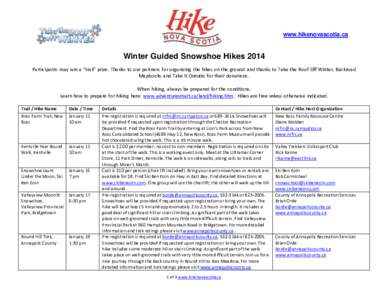 www.hikenovascotia.ca  Winter Guided Snowshoe Hikes 2014 Participants may win a “trail