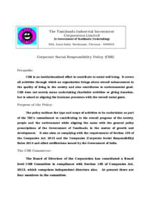 The Tamilnadu Industrial Investment Corporation Limited (A Government of Tamilnadu Undertaking) 692, Anna Salai, Nandanam, Chennai – Corporate Social Responsibility Policy (CSR)