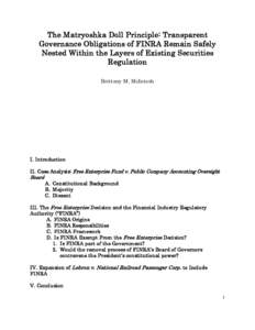 The Matryoshka Doll Principle: Transparent Governance Obligations of FINRA Remain Safely Nested Within the Layers of Existing Securities Regulation Brittany M. McIntosh