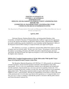 WRITTEN STATEMENT OF CYNTHIA L. QUARTERMAN ADMINISTRATOR PIPELINE AND HAZARDOUS MATERIALS SAFETY ADMINISTRATION BEFORE THE COMMITTEE ON TRANSPORTATION AND INFRASTRUCTURE