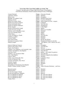 List of Men Who Came With Cadillac on 24 July 1701 Voyageurs and their place of origin (either from France or from Québec) Gail Moreau-DesHarnais, French-Canadian Heritage Society of Michigan Arnaud, Bertrand Aubuchon, 