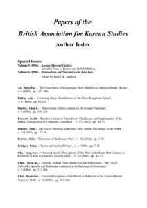 Papers of the British Association for Korean Studies Author Index Special Issues: Volume) – Korean Material Culture, edited by Gina L. Barnes and Beth McKillop.