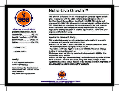 Nutra-Live Growth™  guaranteed analysis: .Total nitrogen.....................(N) .15% Avaiable PhosphateP205) 2% Soluble Potash.................(K205) 2%