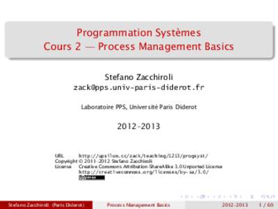 Programmation Systèmes Cours 2 — Process Management Basics Stefano Zacchiroli  Laboratoire PPS, Université Paris Diderot