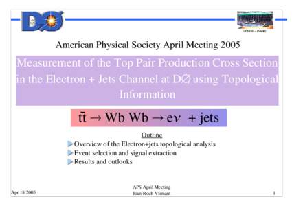 LPNHE - PARIS  American Physical Society April Meeting 2005 Measurement of the Top Pair Production Cross Section in the Electron + Jets Channel at D∅, using Topological