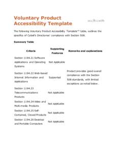 Voluntary Product Accessibility Template The following Voluntary Product Accessibility Template™ table, outlines the specifics of Cabell’s Directories’ compliance with Section 508. Summary Table