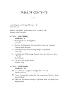 TABLE OF CONTENTS . . . . Local, Organic, and Living: A Preface  xi Marcela Sulak Riddling the Sphinx: An Introduction to Hybridity  xix Susanne Paola Antonetta