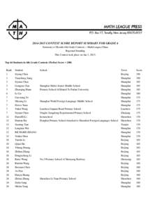 CONTEST SCORE REPORT SUMMARY FOR GRADE 6 Summary of Results 6th Grade Contests – Math League China Regional Standing This Contest took place on Jan 3, 2015. Top 64 Students in 6th Grade Contests (Perfect Scor
