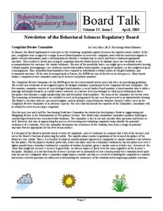 Board Talk Volume IV, Issue I April, 2003  Newsletter of the Behavioral Sciences Regulatory Board