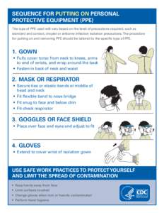 SEQUENCE FOR PUTTING ON PERSONAL PROTECTIVE EQUIPMENT (PPE) The type of PPE used will vary based on the level of precautions required, such as standard and contact, droplet or airborne infection isolation precautions. T