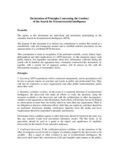 Declaration of Principles Concerning the Conduct of the Search for Extraterrestrial Intelligence Preamble