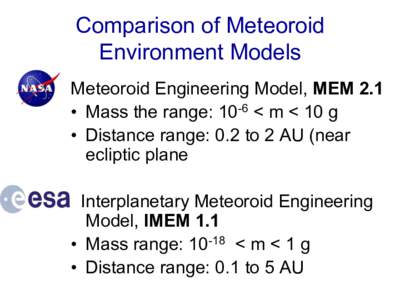 Comparison of Meteoroid Environment Models Meteoroid Engineering Model, MEM 2.1 •  Mass the range: 10-6 < m < 10 g •  Distance range: 0.2 to 2 AU (near ecliptic plane