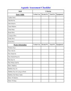 Aquatic Assessment Checklist Skill Entry Skills Criteria Verbal Cue
