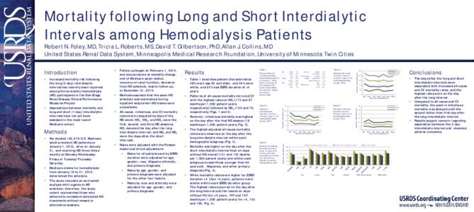 Mortality following Long and Short Interdialytic Intervals among Hemodialysis Patients Robert N. Foley, MD, Tricia L. Roberts, MS, David T. Gilbertson, PhD, Allan J. Collins, MD United States Renal Data System, Minneapol