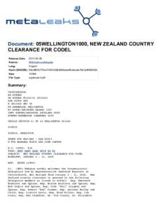 Document: 05WELLINGTON1000, NEW ZEALAND COUNTRY CLEARANCE FOR CODEL Release Date: Source: Lang: Hash (SHA256):