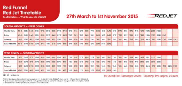 Red Funnel Red Jet Timetable 27th March to 1st NovemberSouthampton <> West Cowes, Isle of Wight