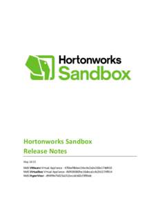 Hortonworks Sandbox Release Notes May 2015 Md5 VMware Virtual Appliance - 470bef8bbec54cc4e2a2e310e174d910 Md5 Virtualbox Virtual Appliance- 46f438580fec16deca1c4c2b5574f914