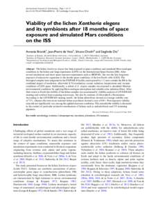 International Journal of Astrobiology, Page 1 of 15 doi:[removed]S1473550414000214 © Cambridge University Press 2014 Viability of the lichen Xanthoria elegans and its symbionts after 18 months of space exposure and simul