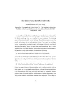The Prince and the Phone Booth Mark Crimmins and John Perry Journal of Philosophy): This version is from The Problem of the Essential Indexical, 2nd edition (Stanford: CSLI Publications, 2000)