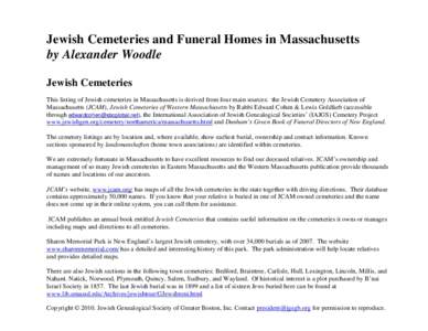 Jewish Cemeteries and Funeral Homes in Massachusetts by Alexander Woodle Jewish Cemeteries This listing of Jewish cemeteries in Massachusetts is derived from four main sources: the Jewish Cemetery Association of Massachu